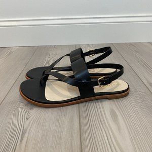 NEW Coke Haan Anica Thong Flat Sandals, Black Leather 10.5M Adjustable W07409